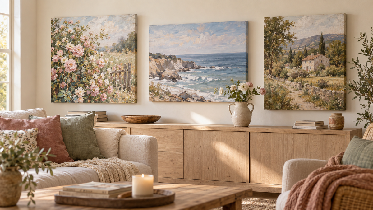 Floral, coastal and country canvas art displayed in a warm living room