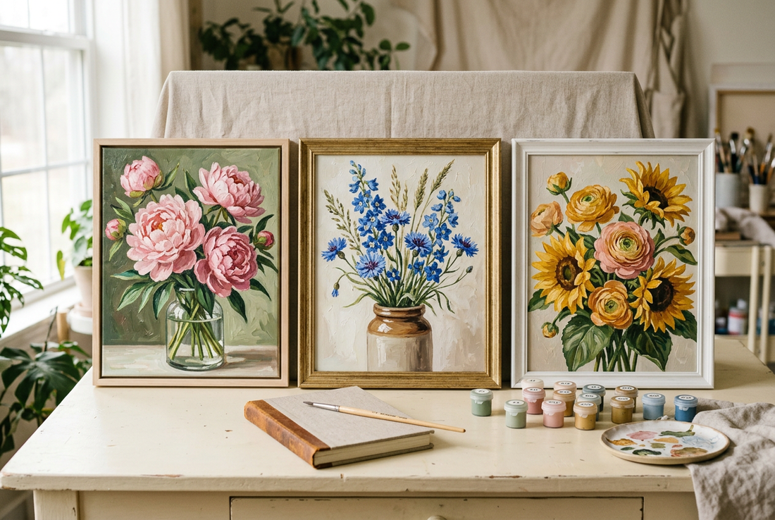 Illustration inspired by a personal floral paint-by-numbers collection