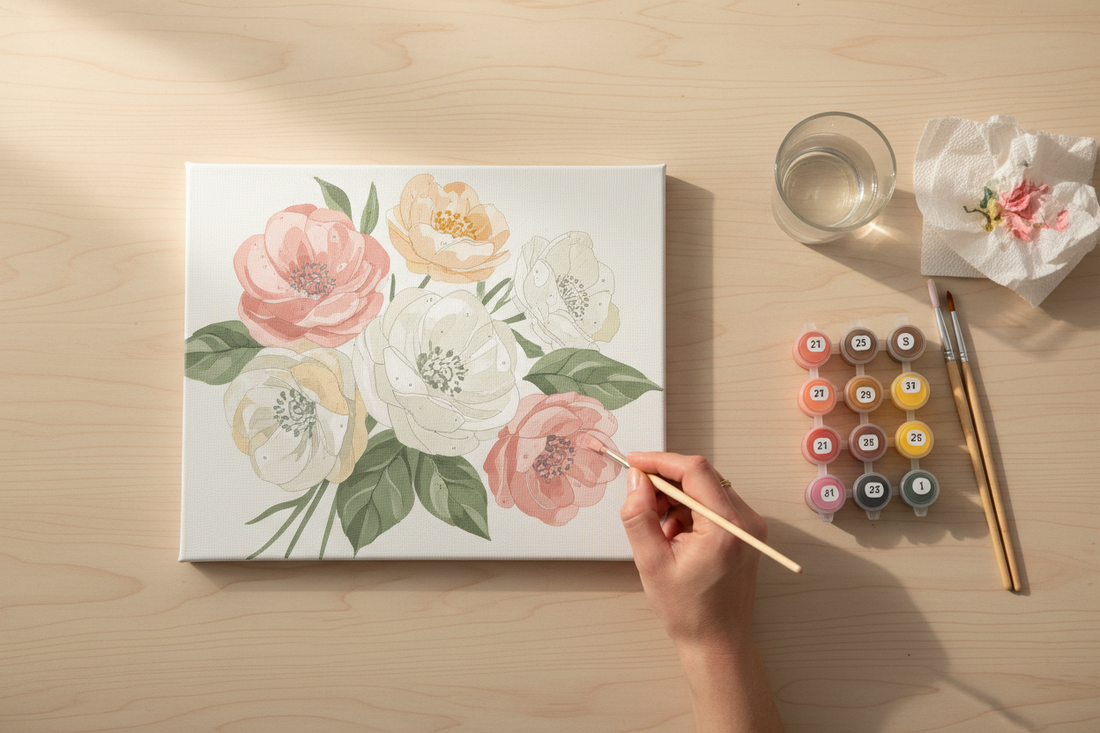 Beginner working on a floral paint by numbers canvas