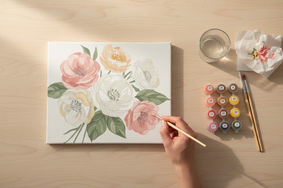 Beginner working on a floral paint by numbers canvas