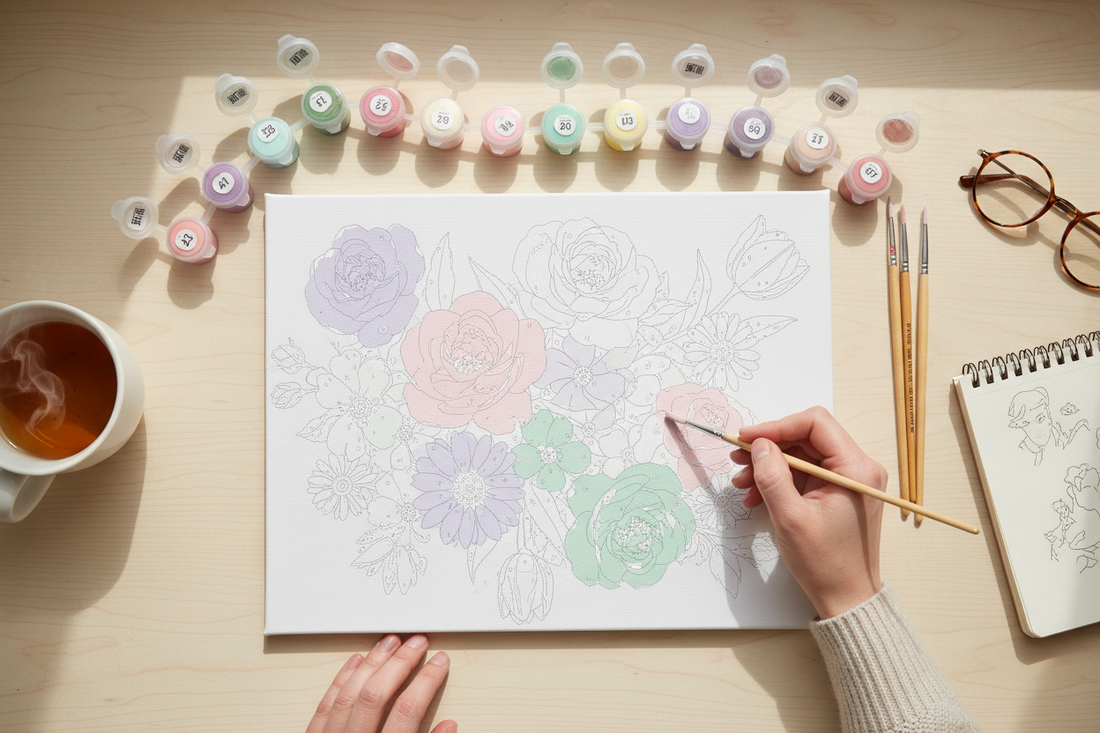 Painting a floral paint by numbers canvas with simple beginner techniques