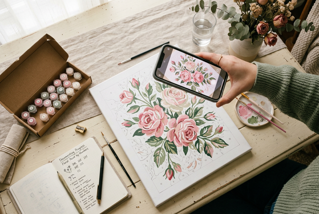 Illustration of documenting a floral paint-by-numbers project with progress photos