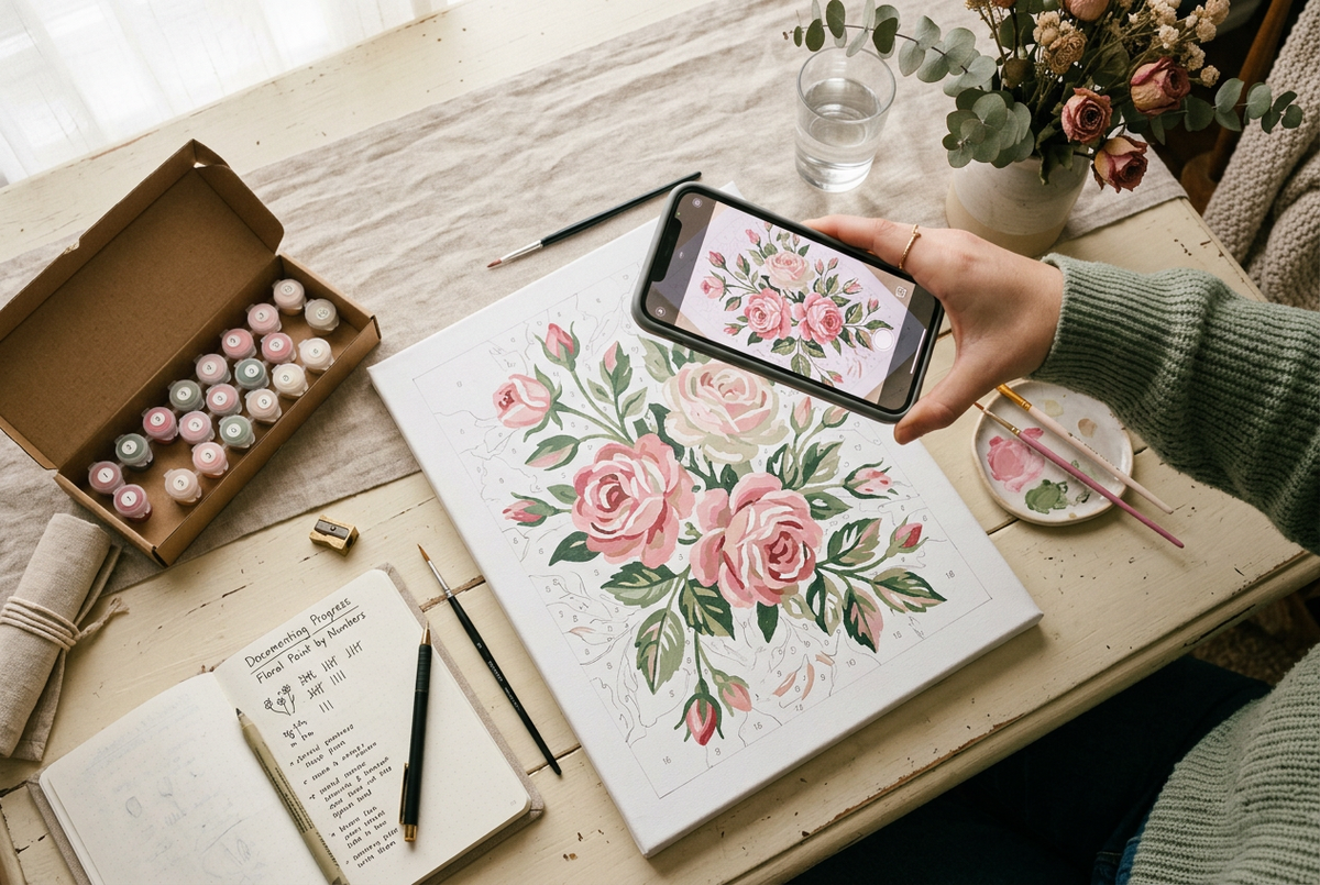 Illustration of documenting a floral paint-by-numbers project with progress photos