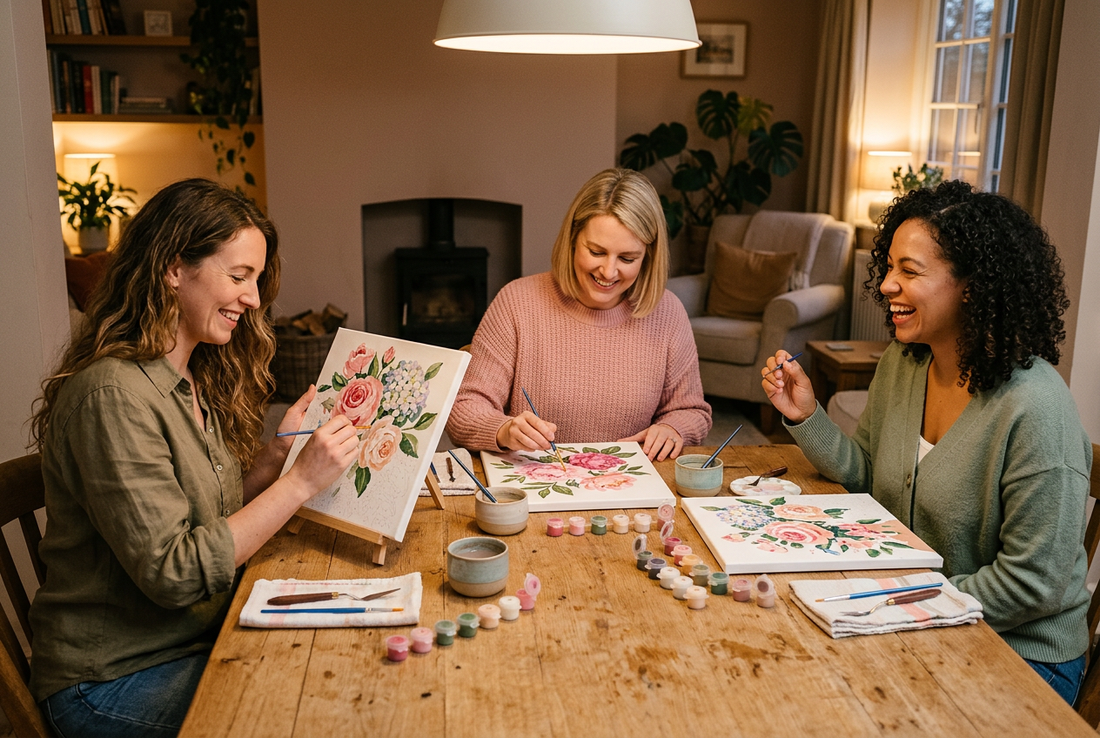 Illustration of friends enjoying a flower paint by numbers party