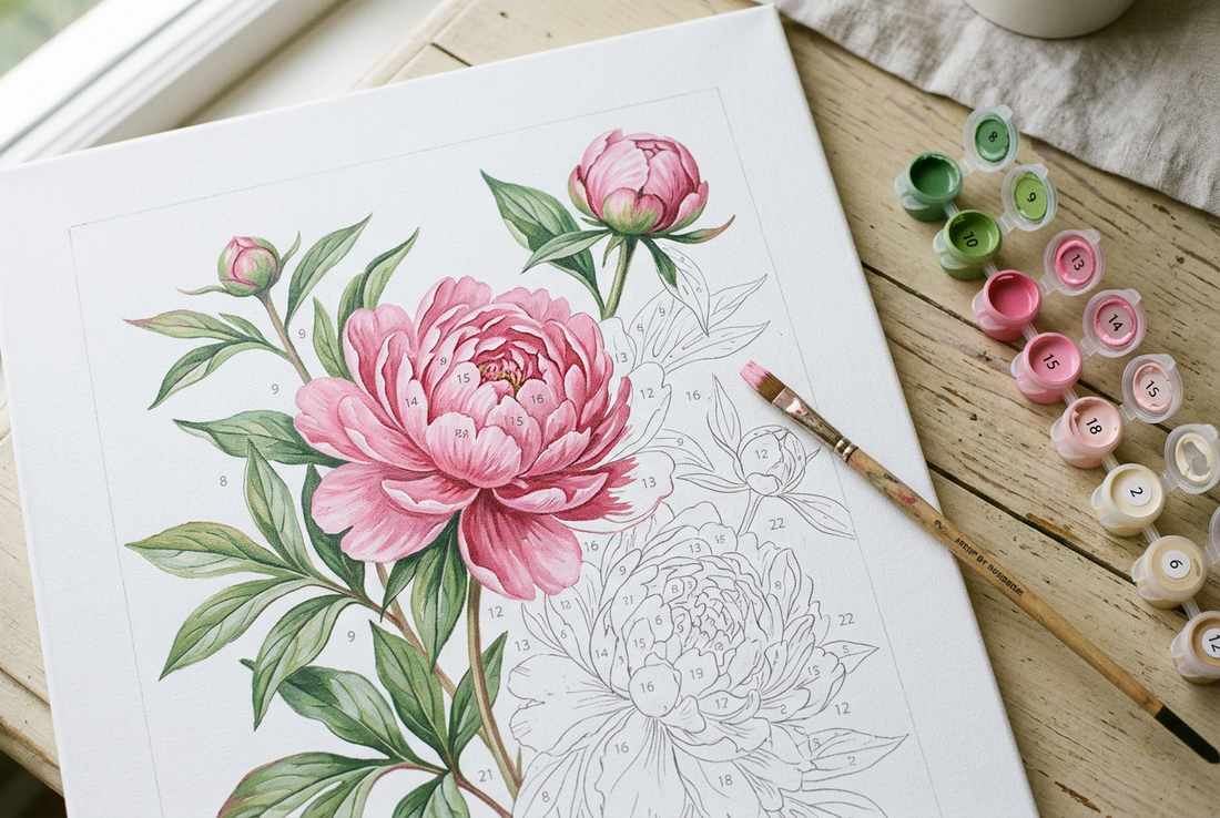 Illustration of flower paint by numbers petals and leaves on an artist’s workspace