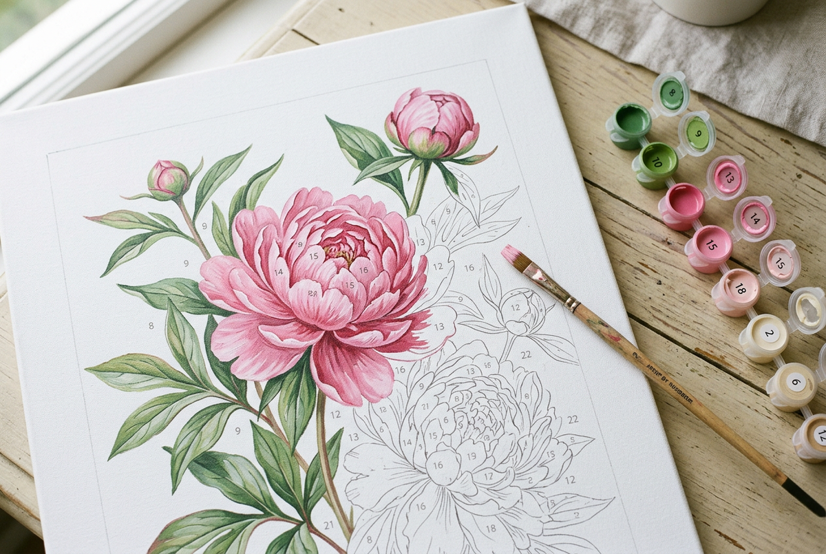Illustration of flower paint by numbers petals and leaves on an artist’s workspace