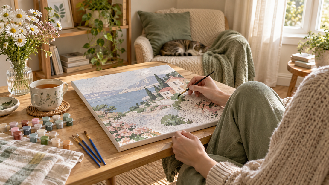 A quiet Sunday paint by numbers session with a pre-stretched canvas