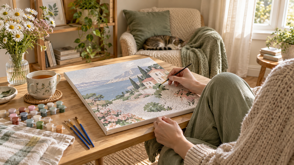 A quiet Sunday paint by numbers session with a pre-stretched canvas