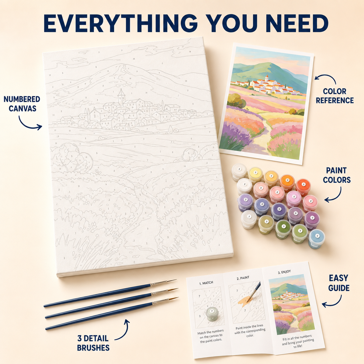 Pastel Flower Field Village numbered canvas and kit details