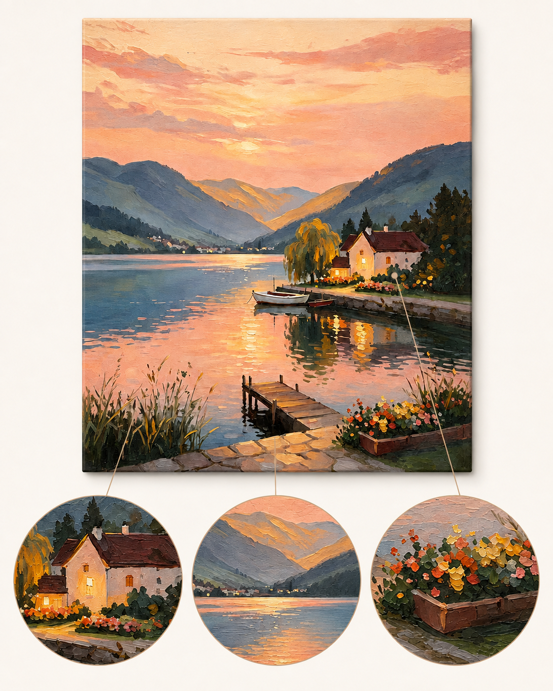 Lakeside Sunset Cottage finished artwork detail