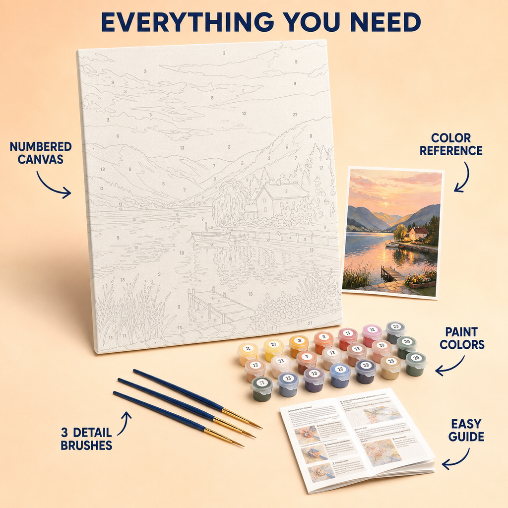 Lakeside Sunset Cottage numbered canvas and kit details