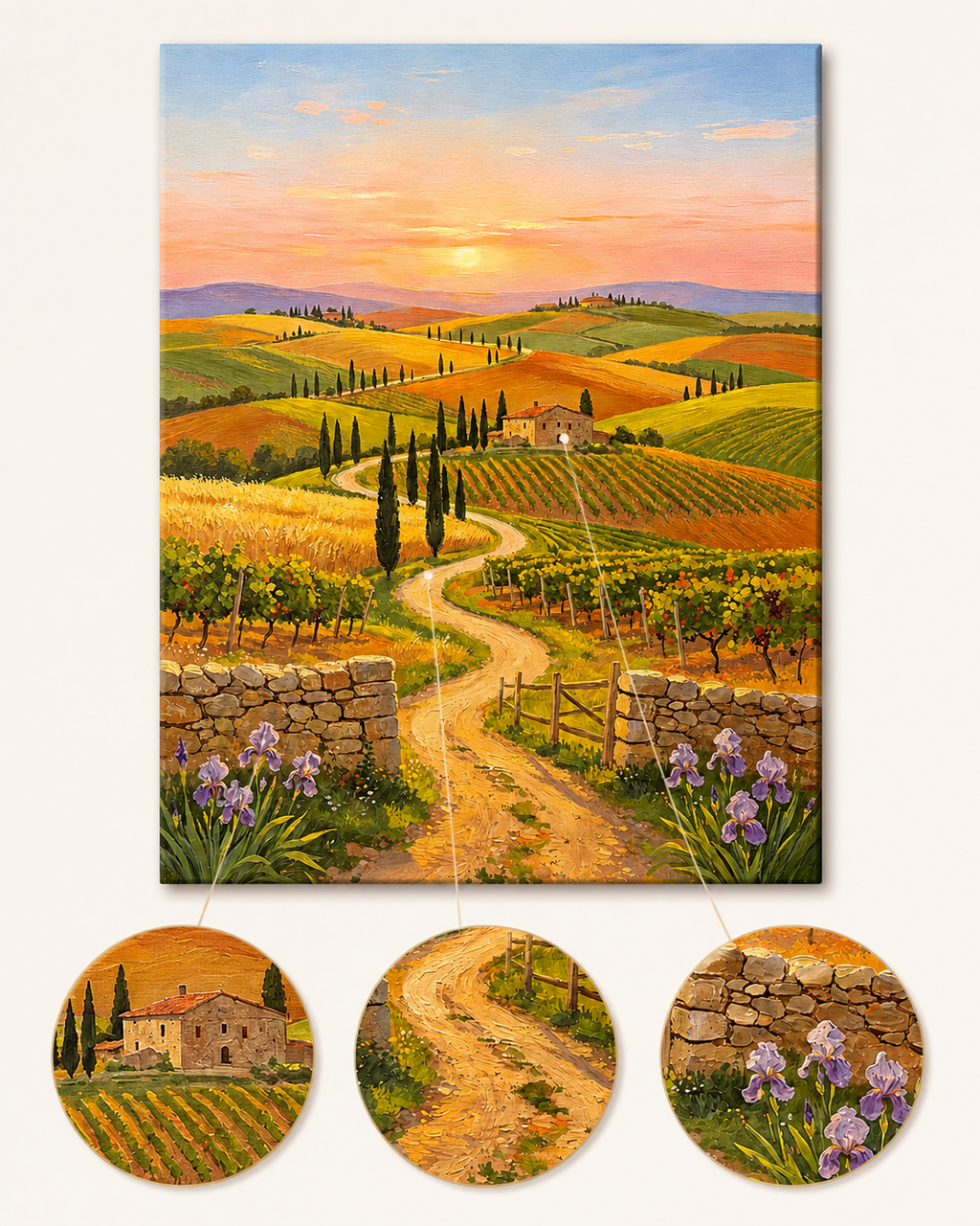 Tuscan Countryside Sunset finished artwork detail