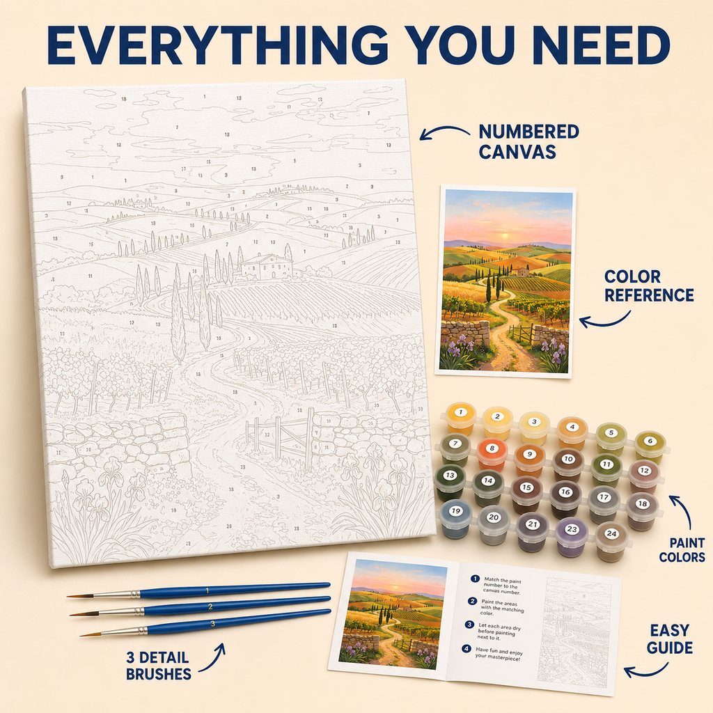 Tuscan Countryside Sunset numbered canvas and kit details