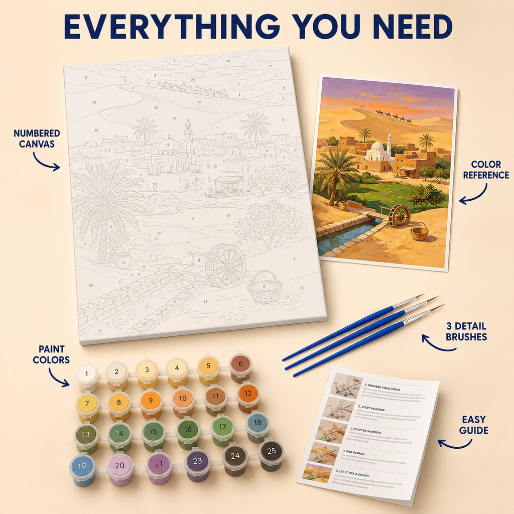 Desert Oasis Village numbered canvas and kit details