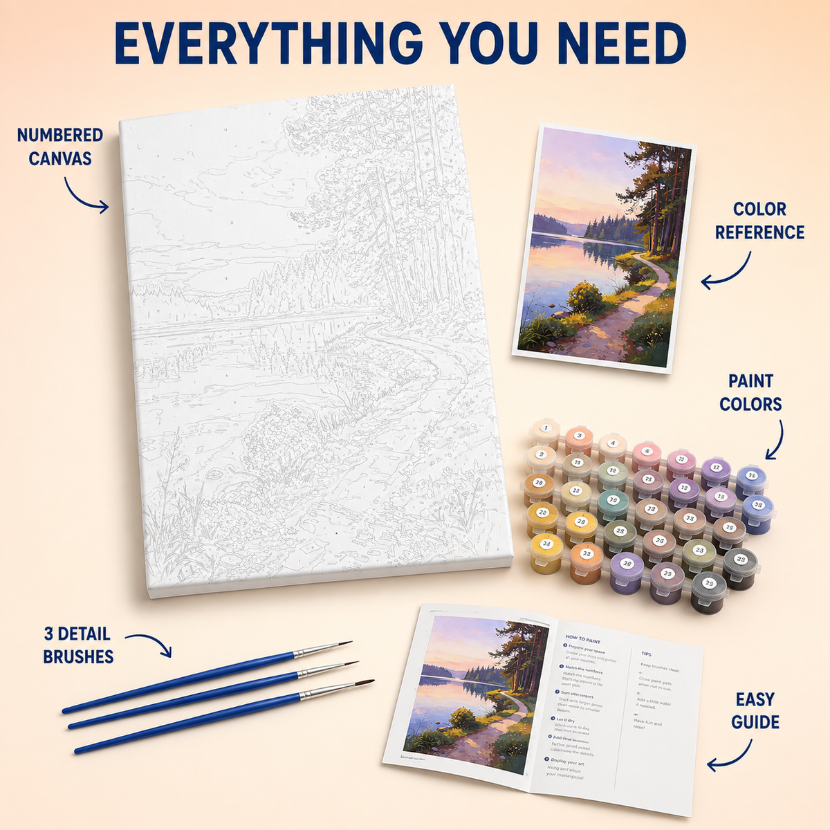 Twilight Lakeside Path numbered canvas and kit details