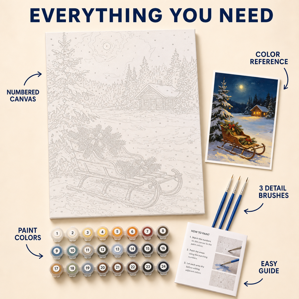 Moonlit Christmas Sleigh numbered canvas and kit details