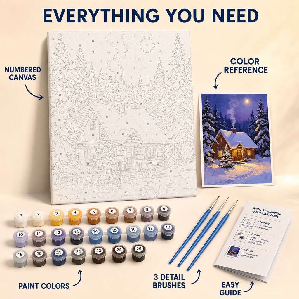 Moonlit Christmas Cottage numbered canvas and kit details