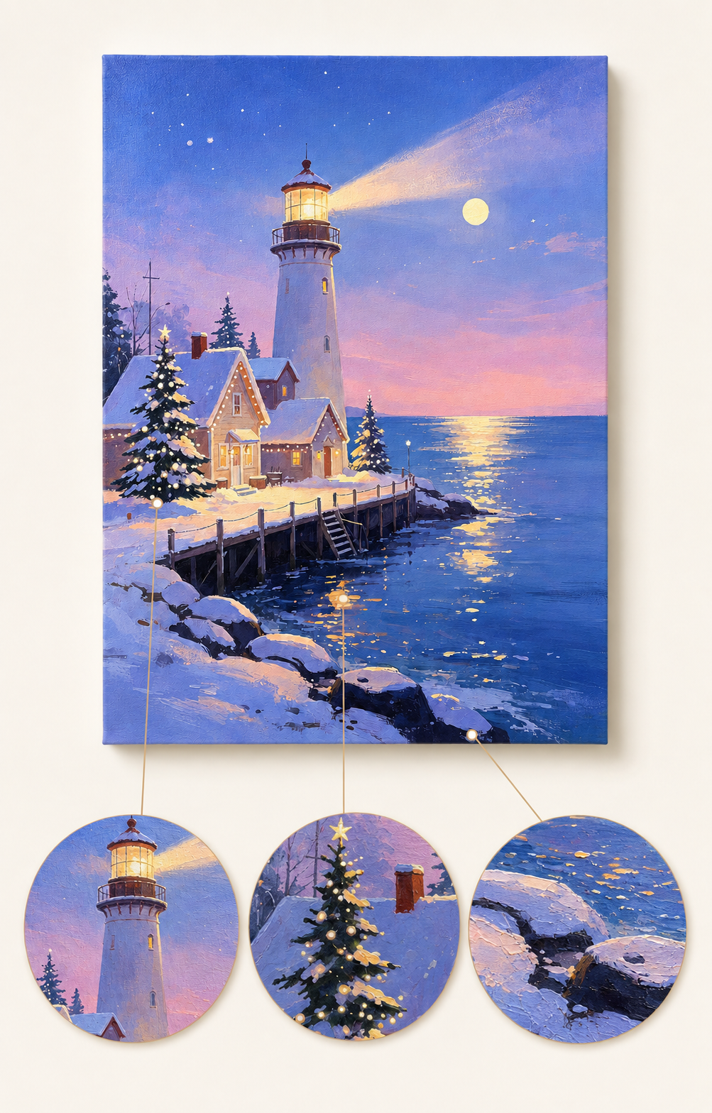 Christmas Moonlight Lighthouse finished artwork detail