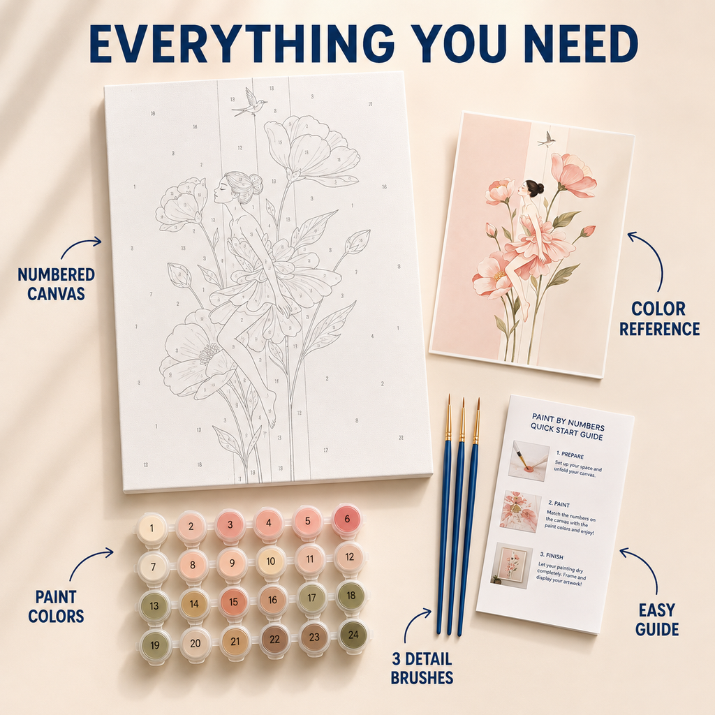 Floral Ballerina numbered canvas and kit contents