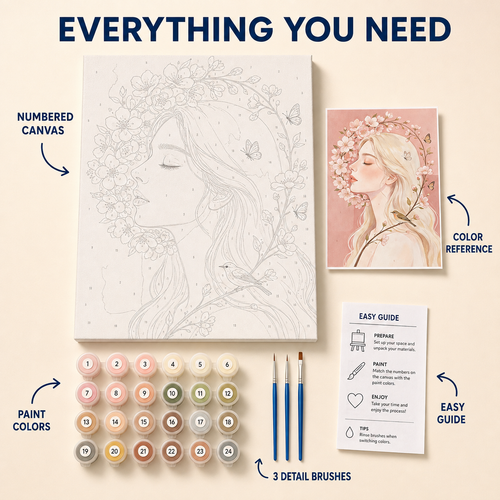 Cherry Blossom Girl numbered canvas and kit contents