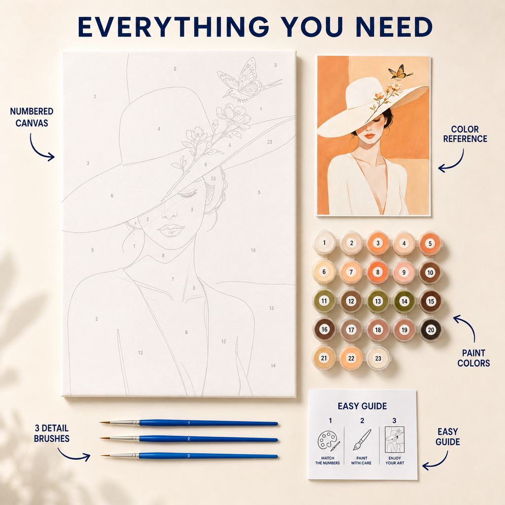Orange Hat Girl numbered canvas and kit contents
