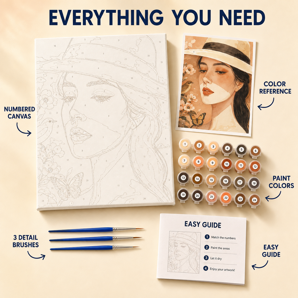 Retro Brim Hat Girl numbered canvas and kit contents