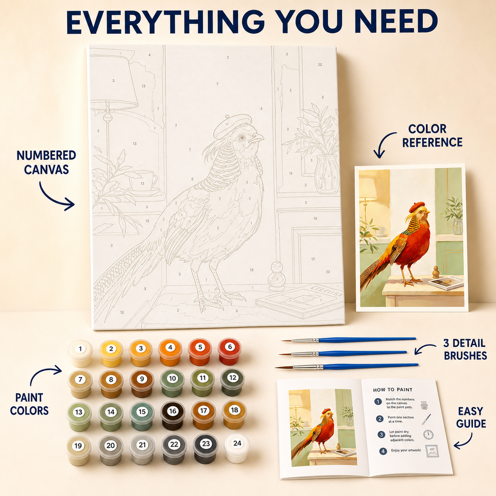 Golden pheasant paint by numbers kit contents