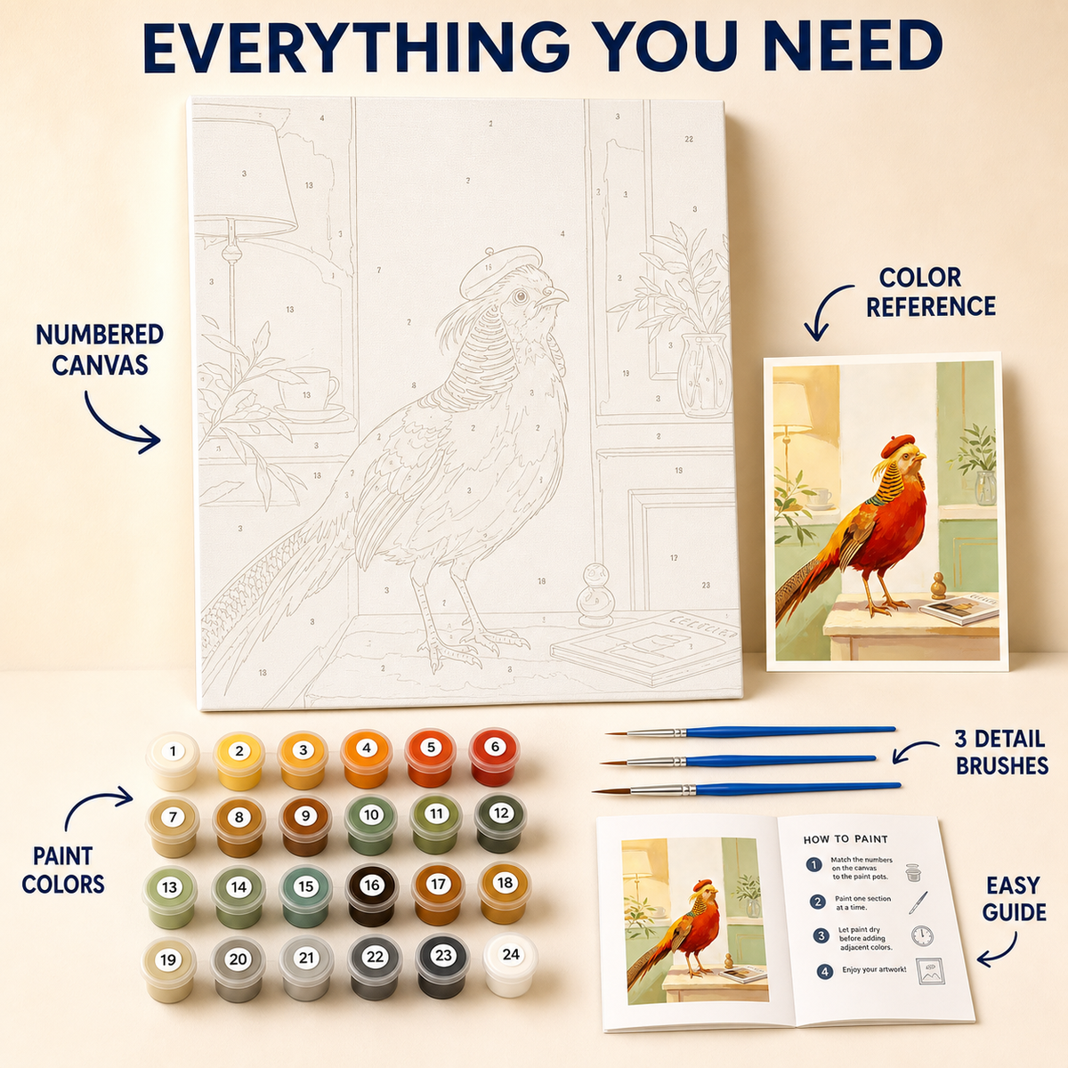 Golden pheasant paint by numbers kit contents
