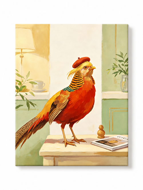 Golden pheasant wearing a red beret paint by numbers finished canvas