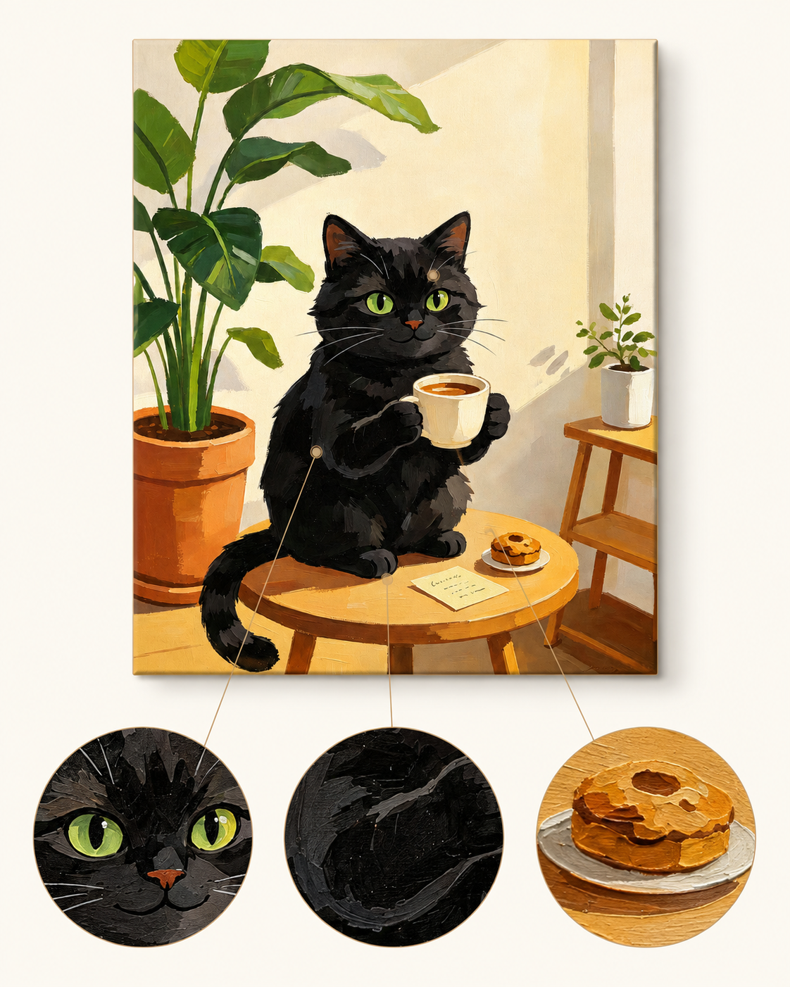 Black cat tea time paint by numbers artwork detail