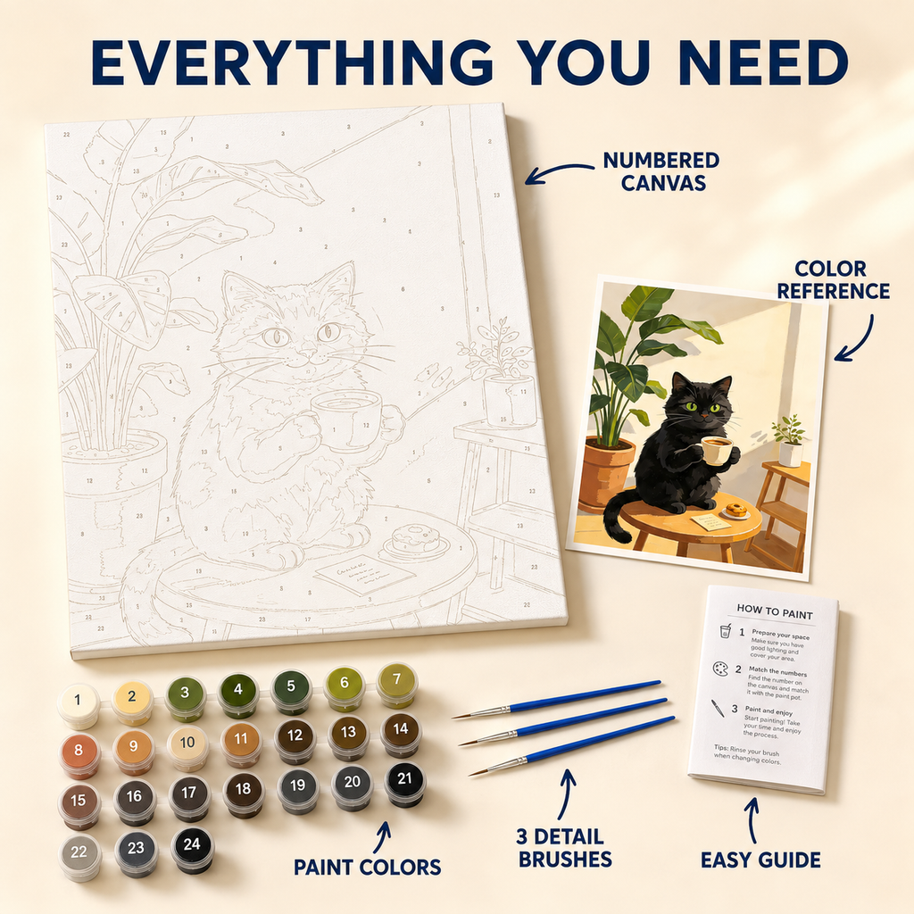 Black cat tea time paint by numbers kit contents