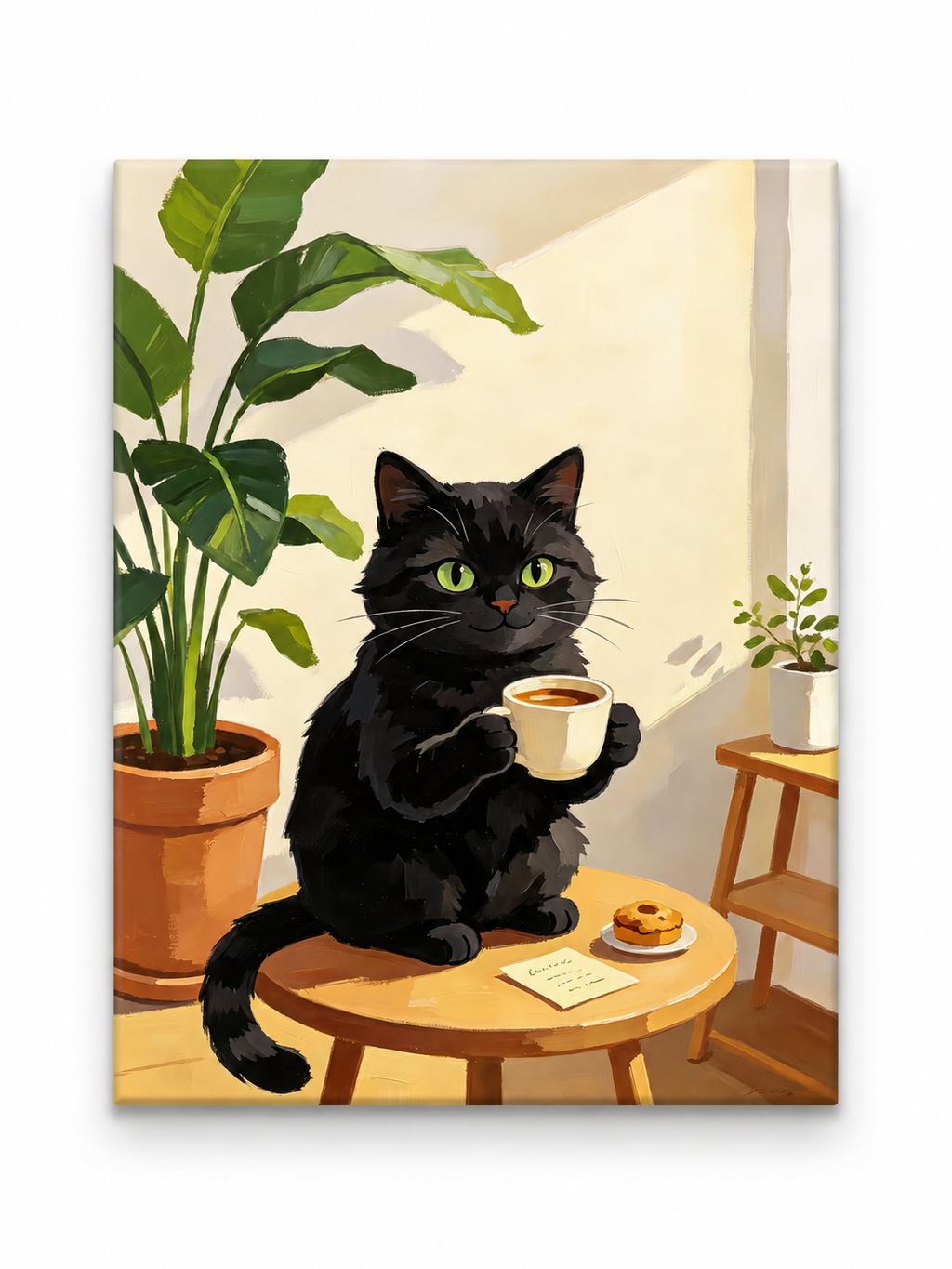 Black cat holding tea paint by numbers finished canvas