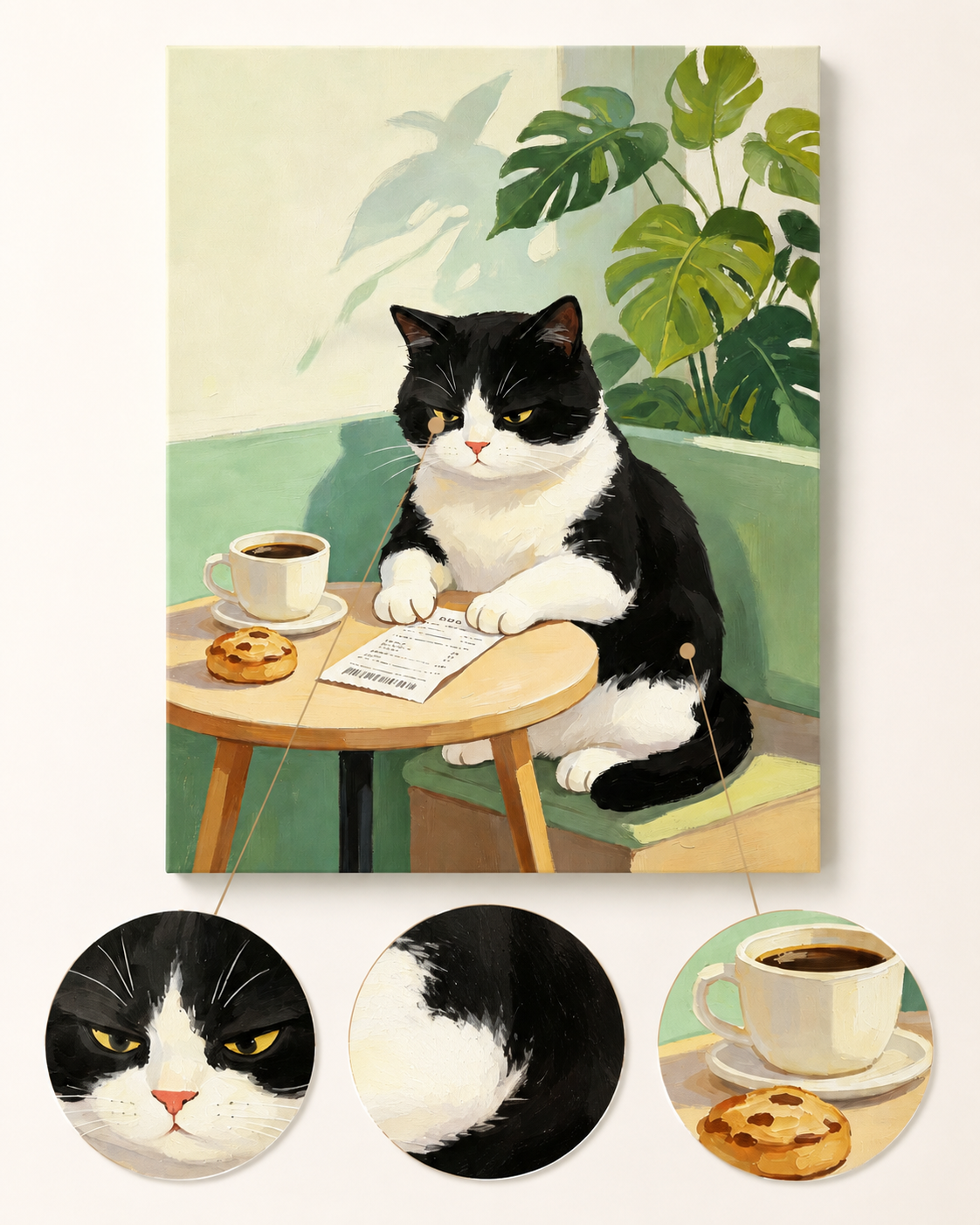 Coffee break tuxedo cat paint by numbers artwork detail
