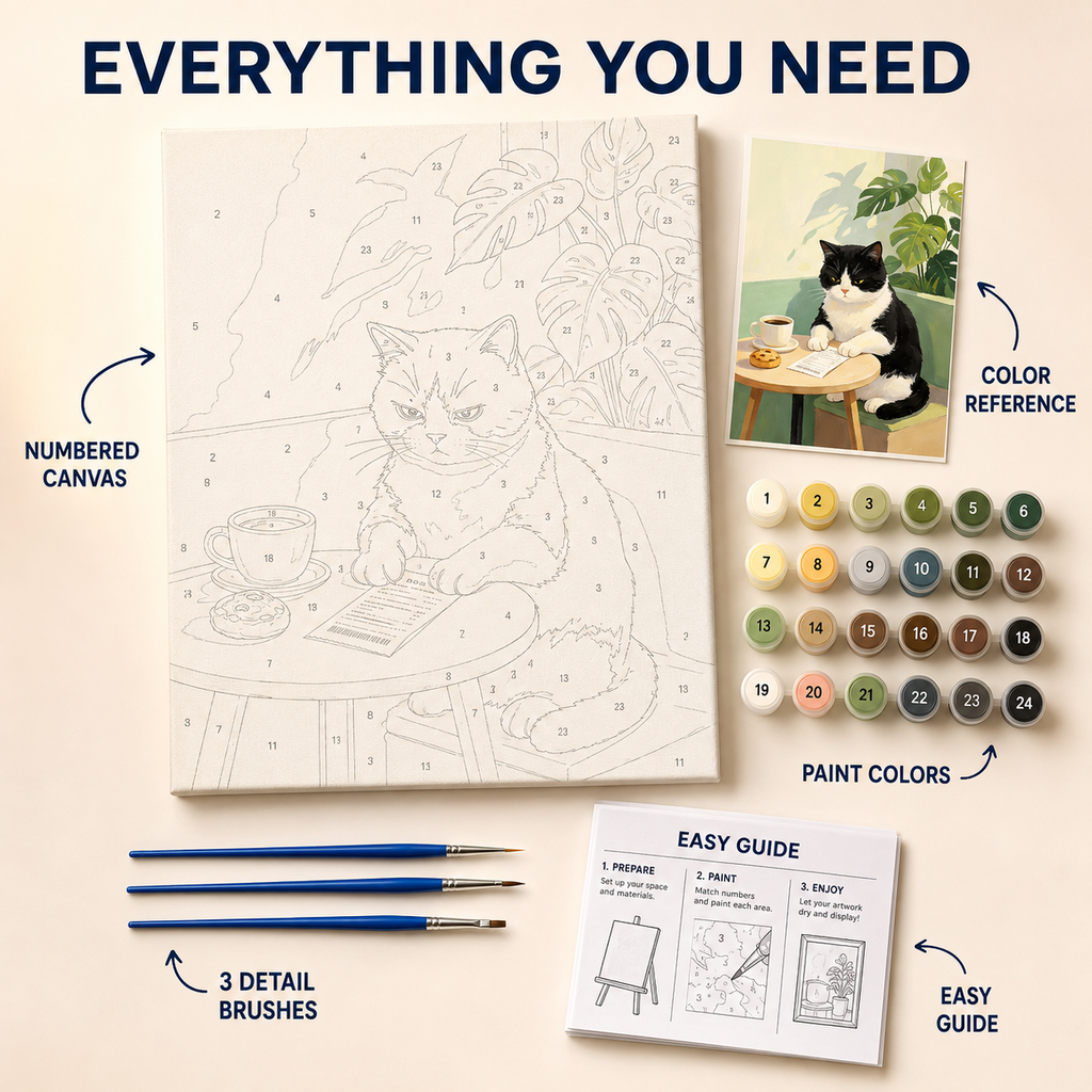 Coffee break tuxedo cat paint by numbers kit contents