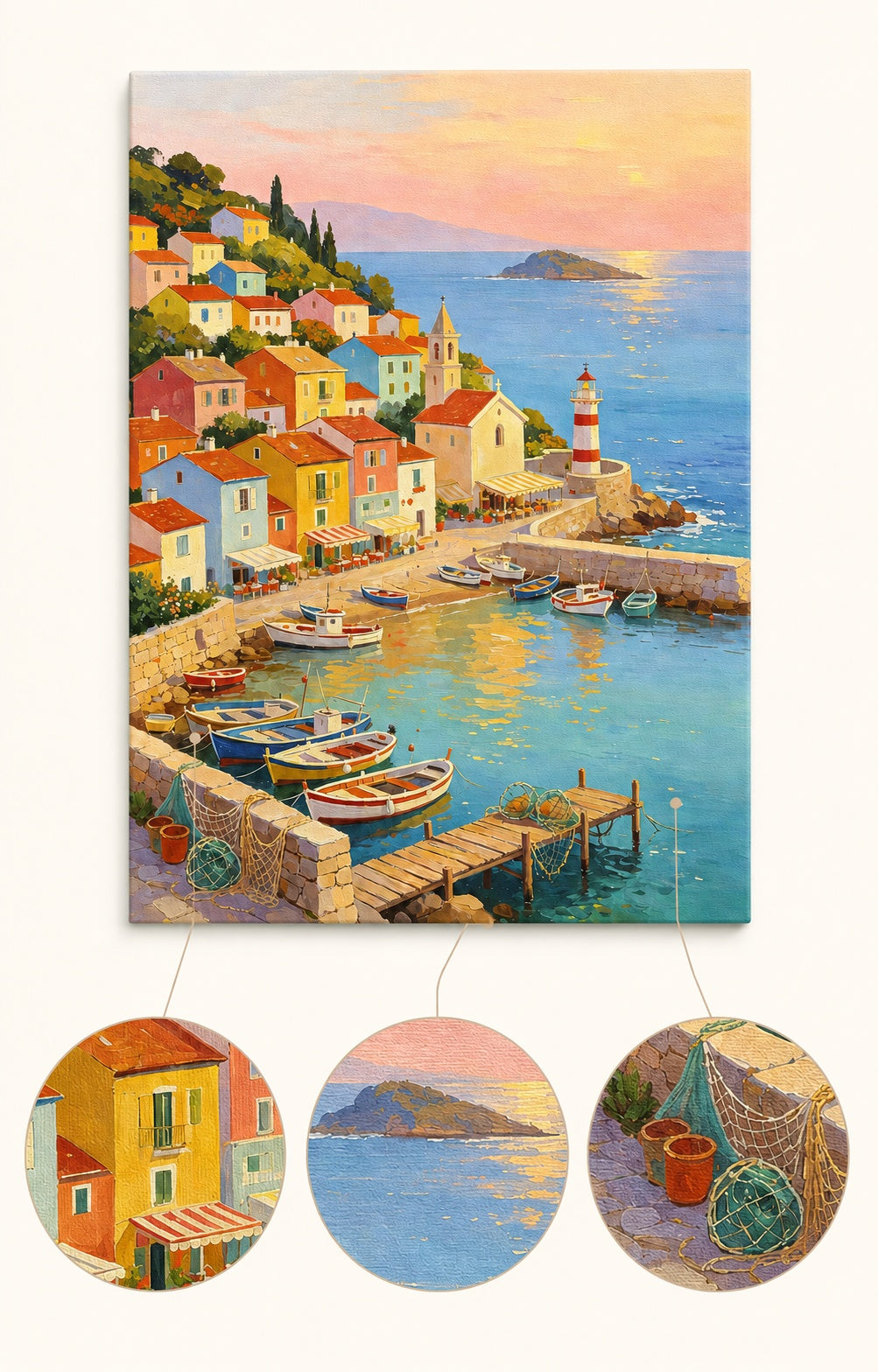 Colorful Harbor Lighthouse paint by numbers artwork with close-up details