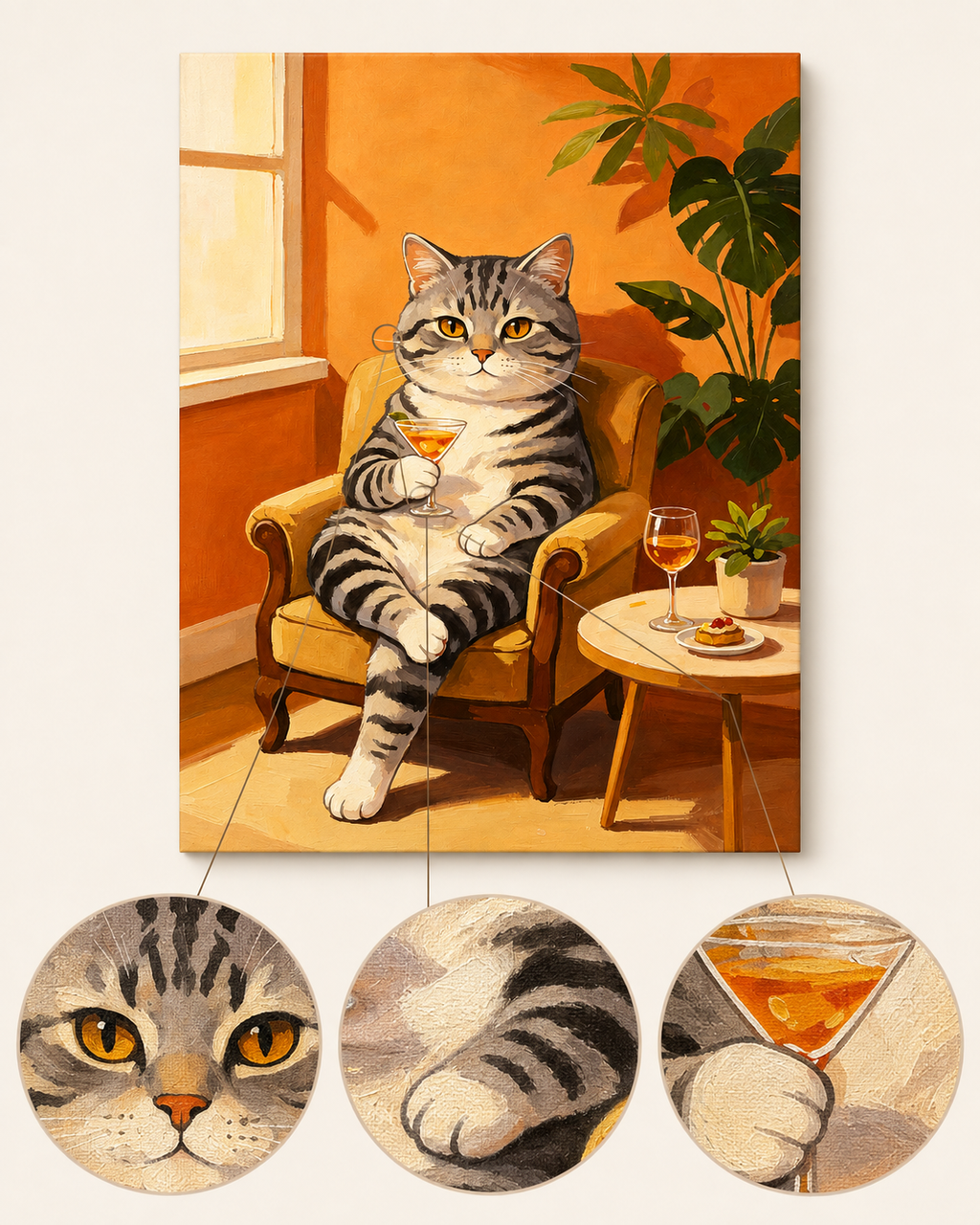 Cozy tabby cat cocktail paint by numbers artwork detail