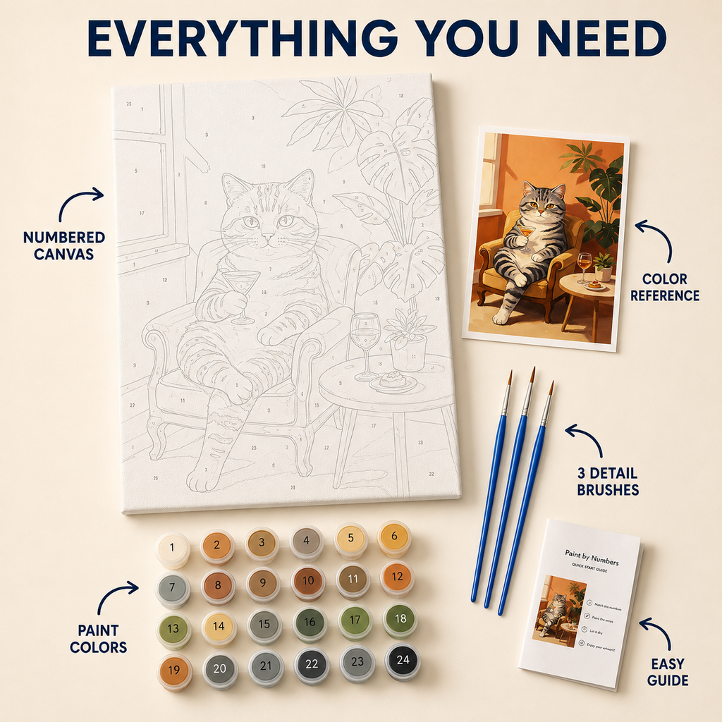Cozy tabby cat cocktail paint by numbers kit contents