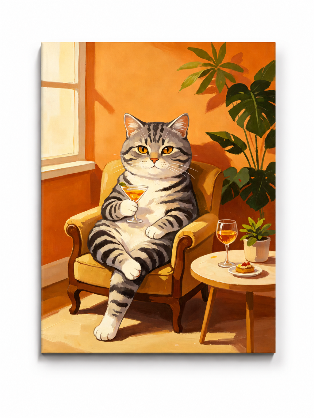 Cozy tabby cat with cocktail paint by numbers finished canvas