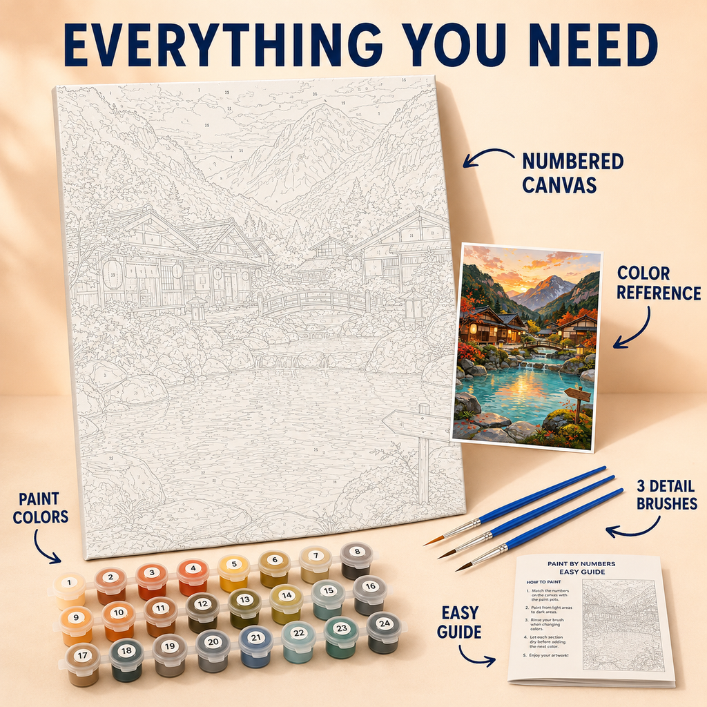 Japanese Mountain Village in Autumn numbered canvas and kit details