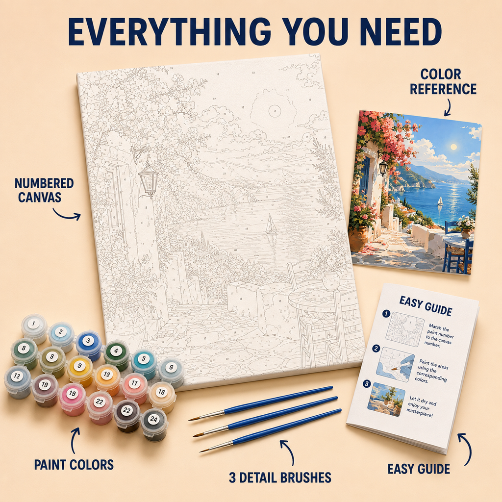Mediterranean Flower Path Seascape numbered canvas and kit details