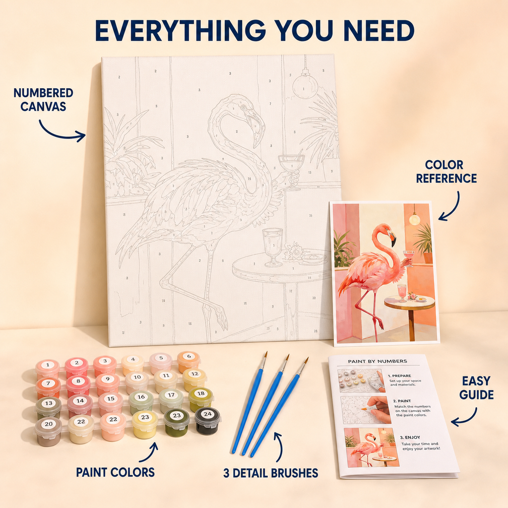 Pink flamingo paint by numbers kit contents