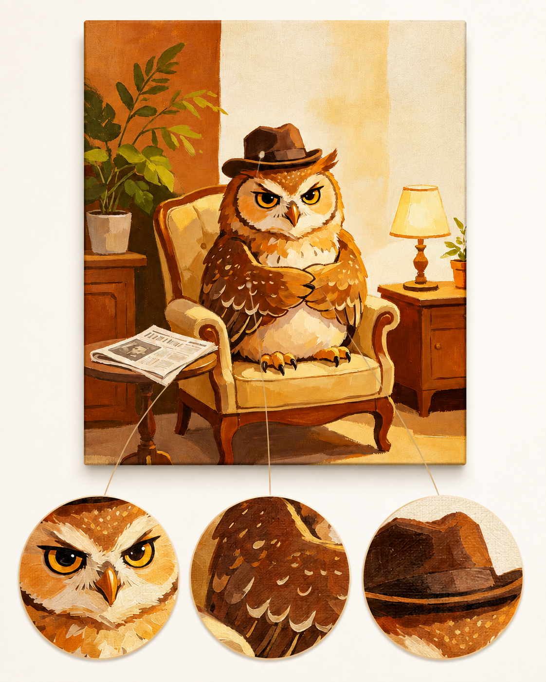 Gentleman owl paint by numbers artwork detail