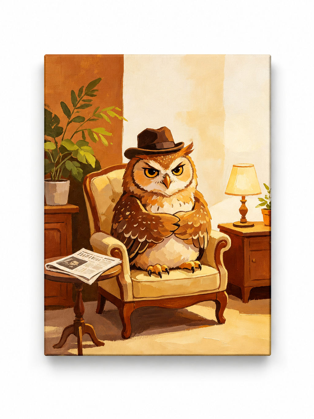 Gentleman owl in an armchair paint by numbers finished canvas
