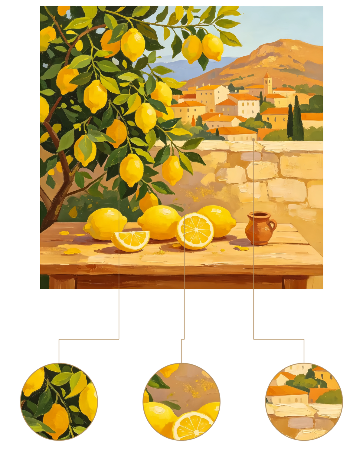 Hillside Town Lemon Tree finished artwork detail