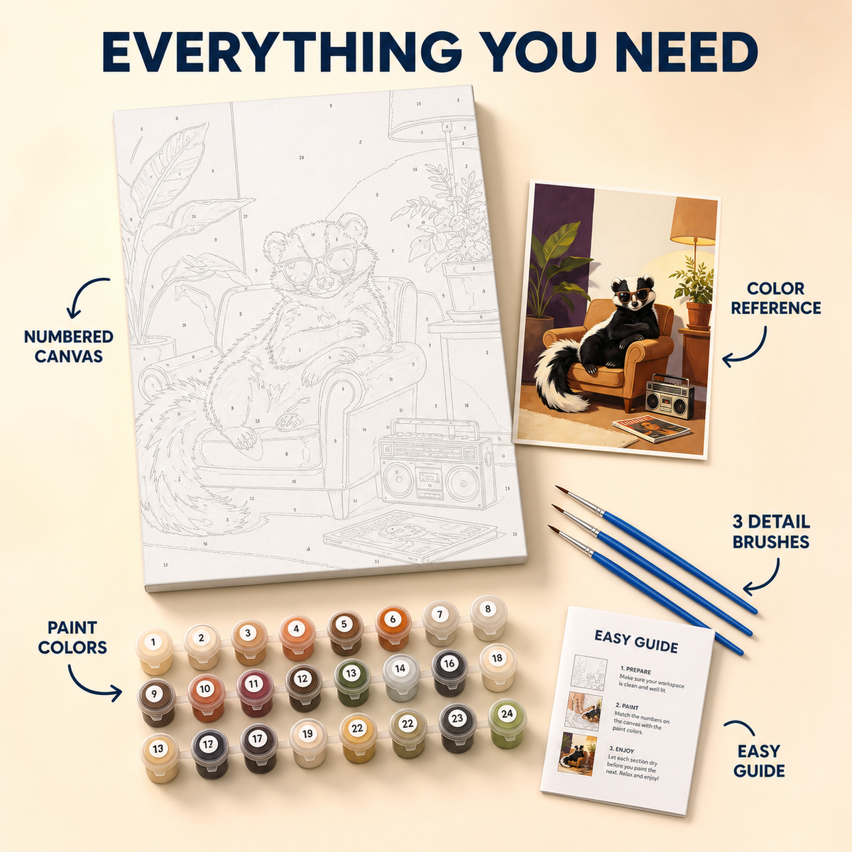 Retro skunk paint by numbers kit contents