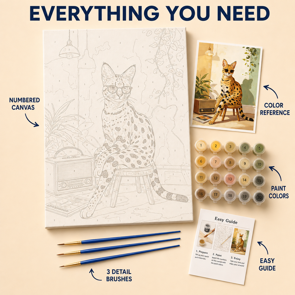 Sunglasses serval cat paint by numbers kit contents