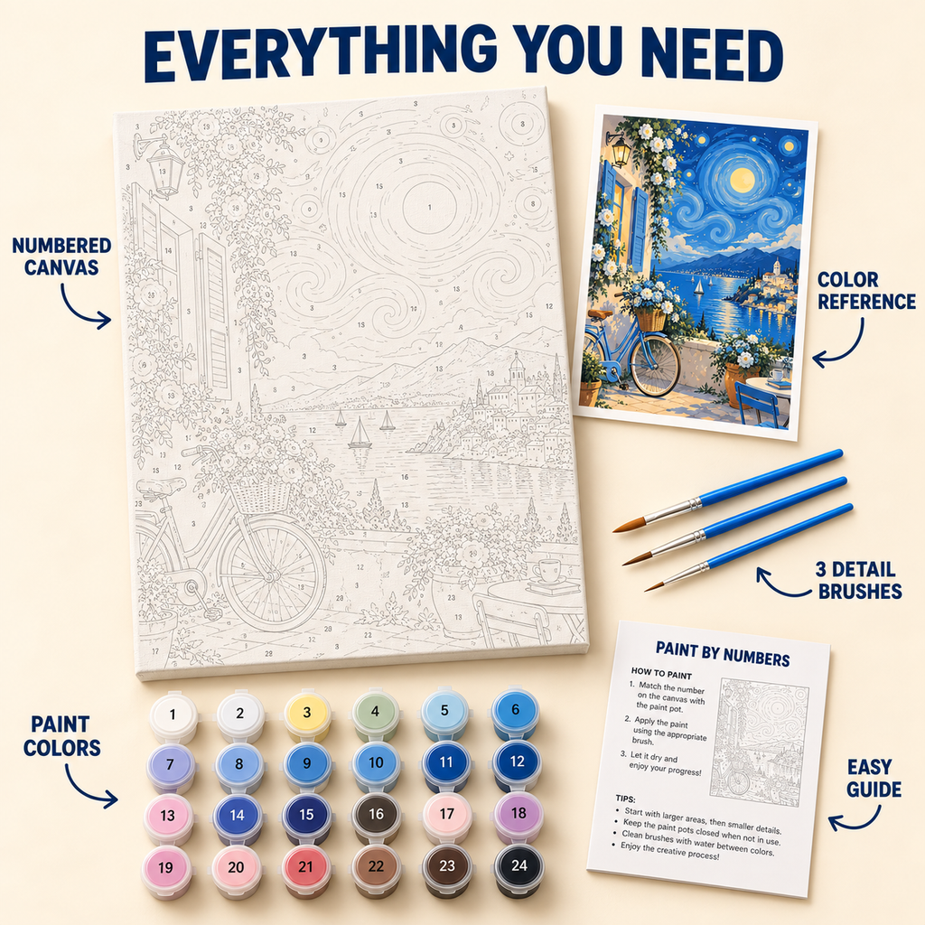 Moonlit Blue Coast paint by numbers kit with numbered canvas, 24 colors, brushes and guide
