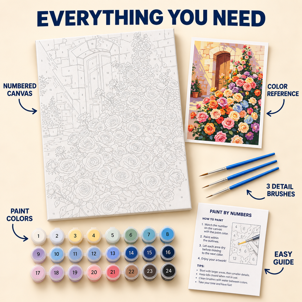 Rose Garden Door paint by numbers kit with numbered canvas, 24 colors, brushes and guide