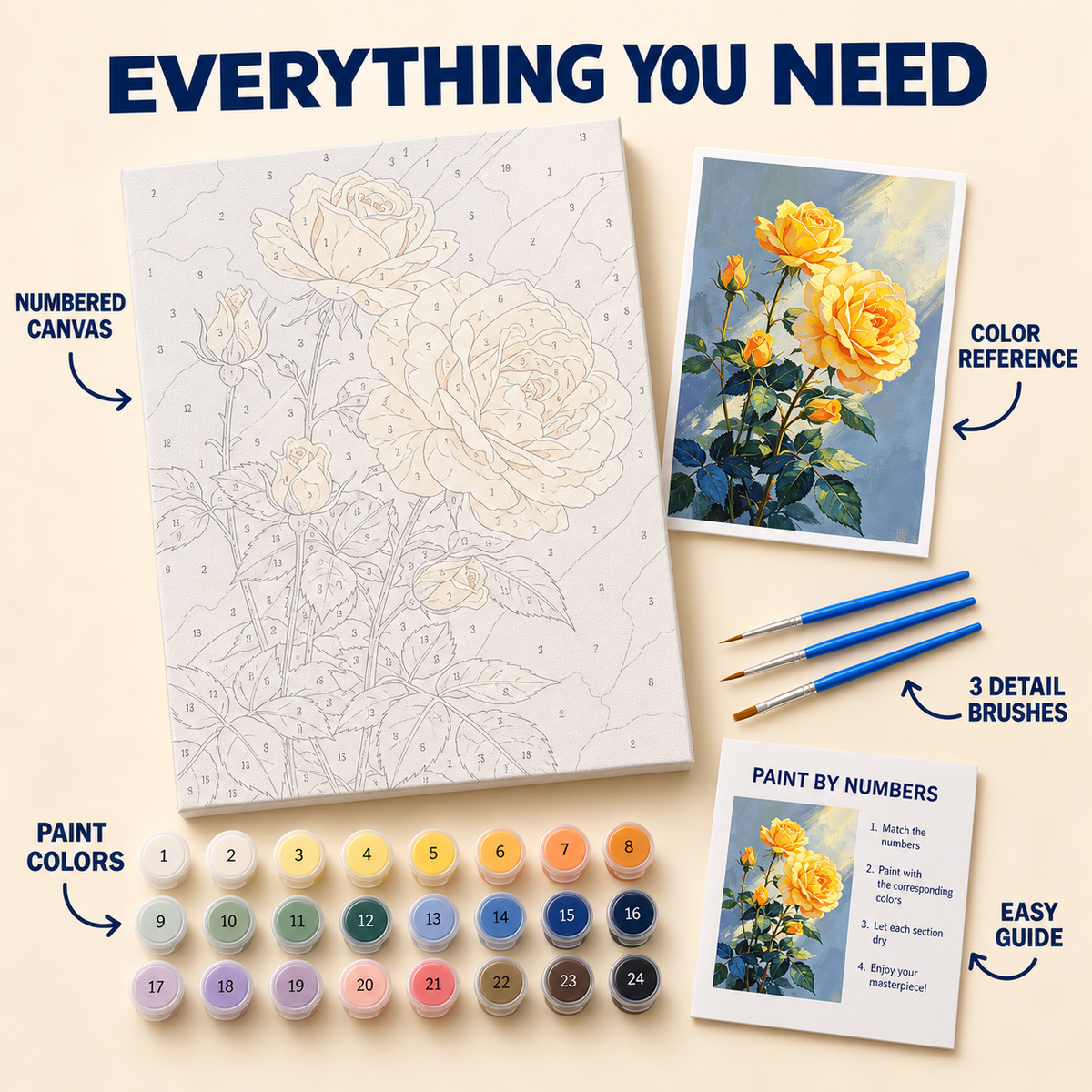 Golden Roses paint by numbers kit with numbered canvas, 24 colors, brushes and guide
