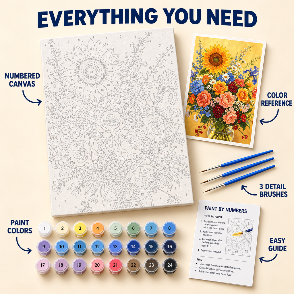 Sunflower Symphony paint by numbers kit with numbered canvas, 24 colors, brushes and guide